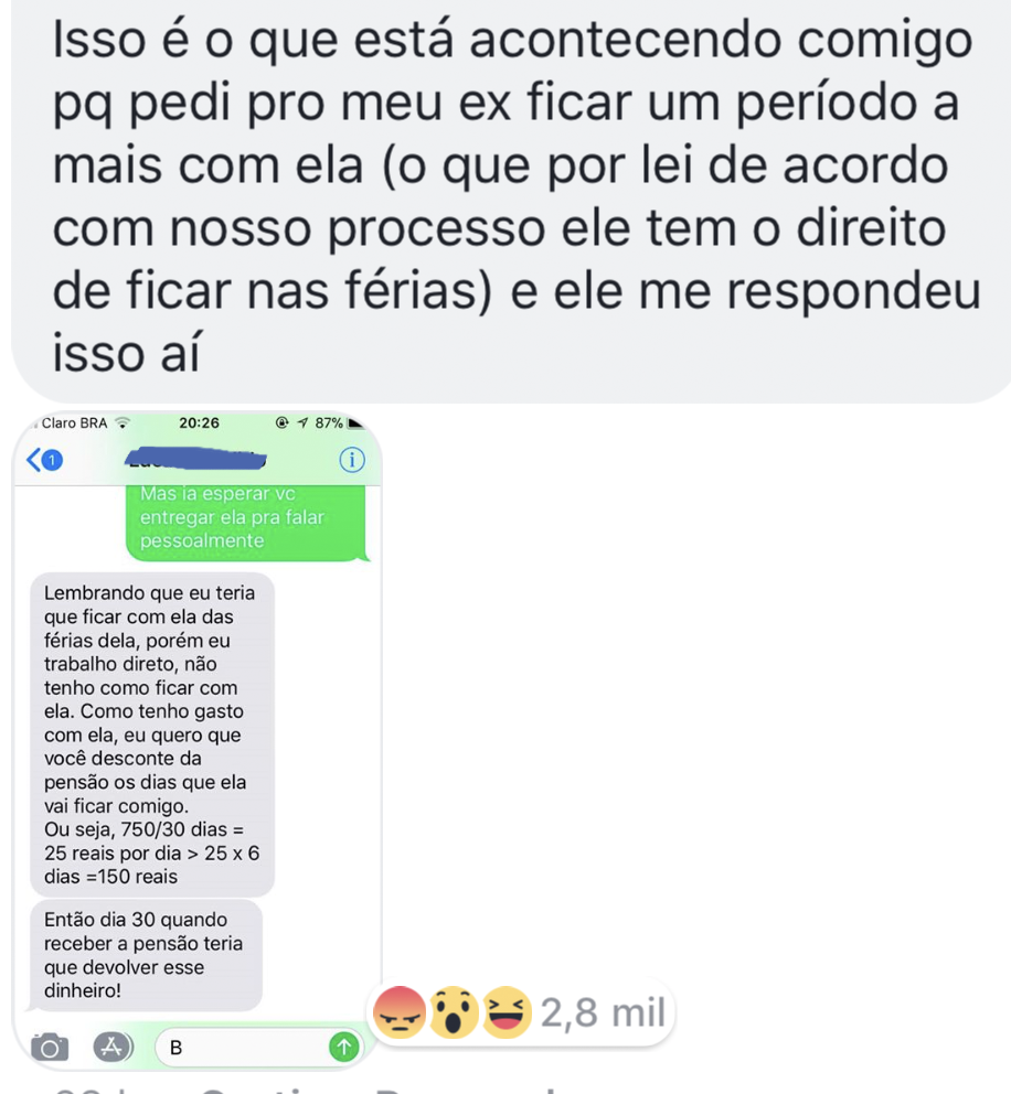 O texto da resposta diz: "Como tenho gasto com ela, eu quero que você desconte da pensão os dias que ela vai ficar comigo."