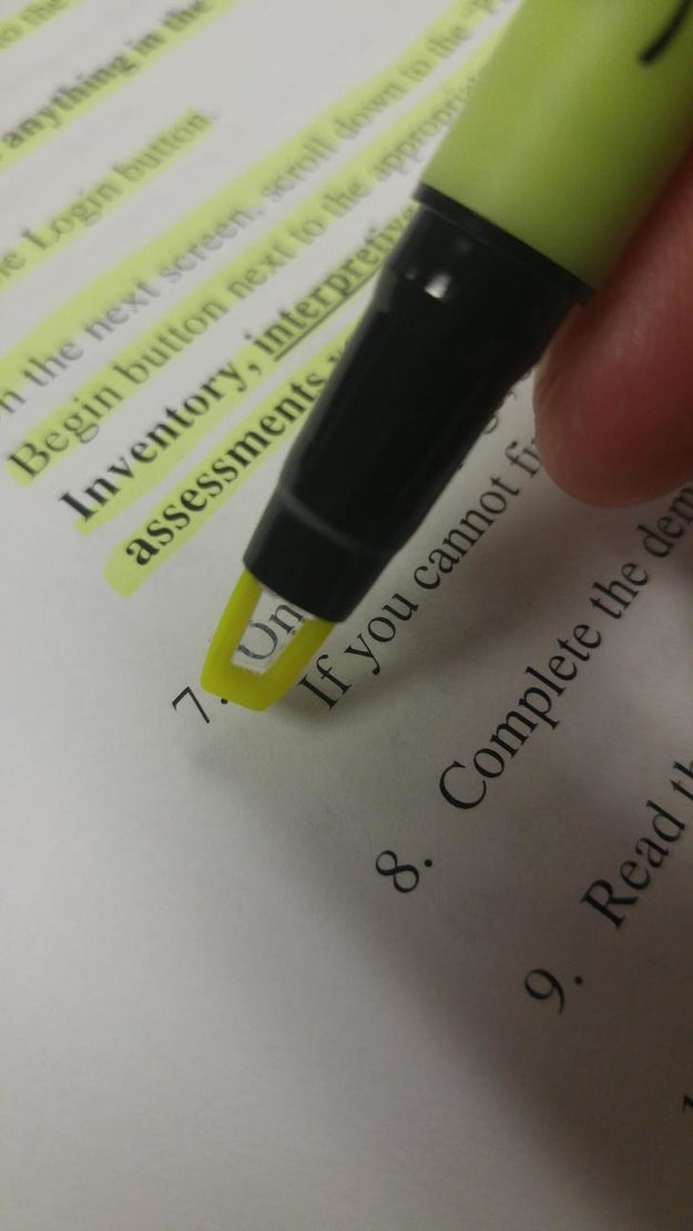 This highlighter has an open area in the tip so you can see what you're going over.