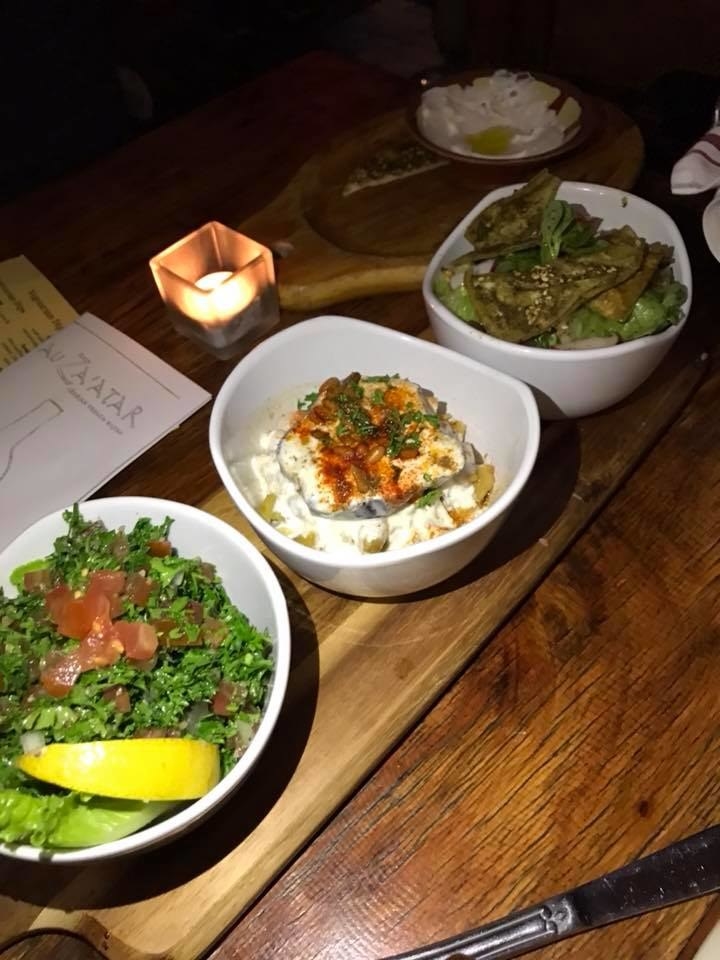 The trio of salad highlights all the fresh ingredients, from the Tabouli Salad (wheat bulgur mixed with fresh parsley, tomatoes, scallions, mint, fresh lemon juice & olive oil) to the Fattet Al-betenjane (eggplant topped with toasted pita bread smothered with garlic yogurt sauce & sautéed pine nuts) to the Fattoush Salad (greens with tomatoes, cucumbers, radish, onions & toasted za'atar pita points in a lemon sumac vinaigrette).