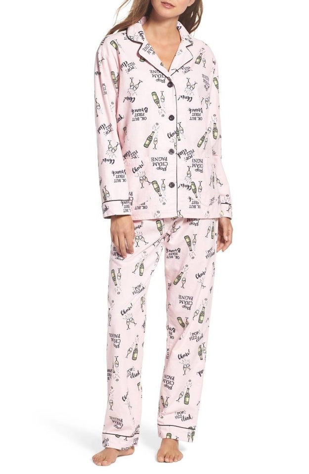 A pair of cozy champagne-printed flannel pajamas so you have your Christmas morning outfit all figured out.