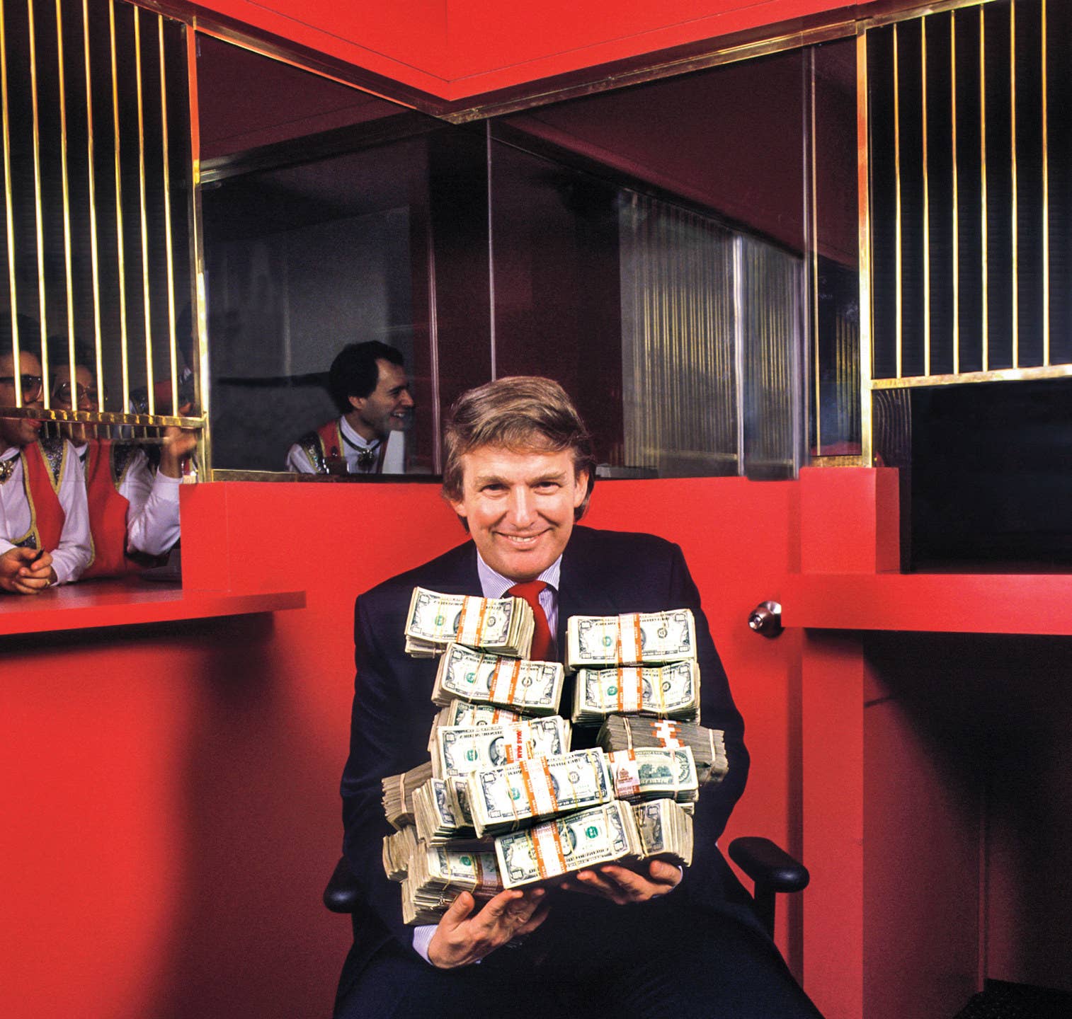 Donald Trump e uma pilha de US$ 1 milhão, no cassino que ele tinha em Atlantic City, 1990.