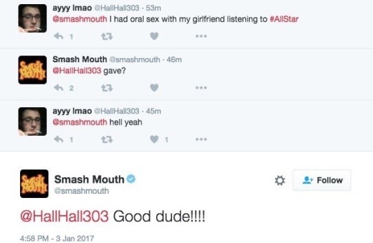 Smash Mouth enthusiastically supporting the giving of oral sex.