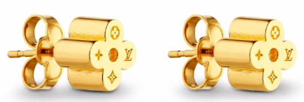 A pair of brass and gold finish Louis Vuitton floral earrings, monogrammed with its signature pattern.