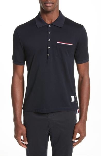 A classic soft mercerized cotton Thom Browne polo detailed with its iconic red, white, and blue stripes.