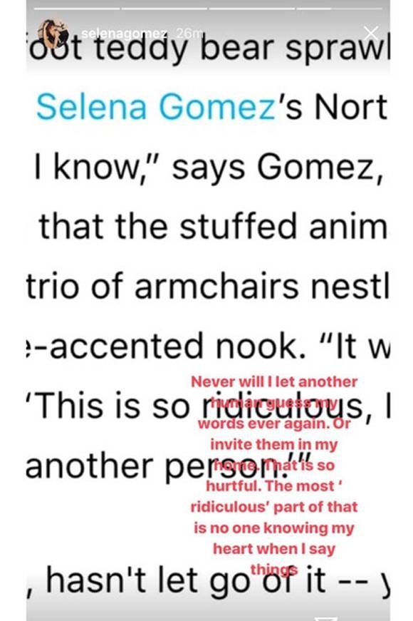 In a now-deleted post on her Instagram Story, Selena snapped a screenshot of the interview with a comment that said, 