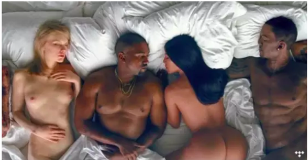 Further fuel was added to the fire when Kanye released the video to the song. In it, he lies in bed surrounded by naked waxworks of notable celebrities. To the right of him is Kim Kardashian and the left, Taylor Swift.