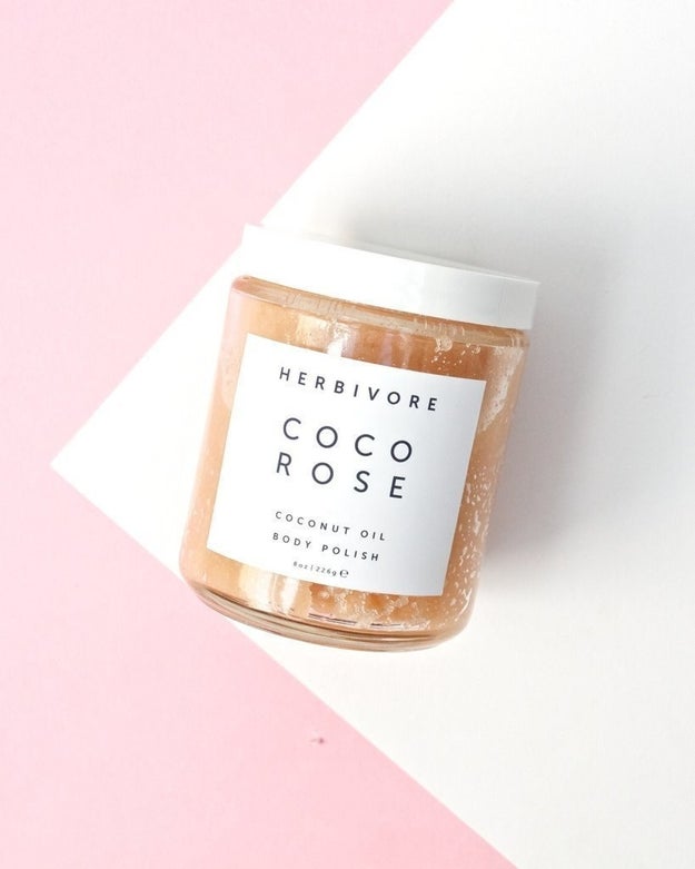 A coconut and rose body polish that can moisturize, soften, and exfoliate skin.