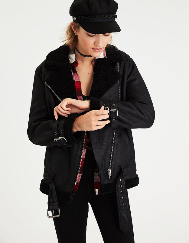A moto jacket with faux-sherpa lining to keep you feeling warm AND looking like a bada$$ biker chick.