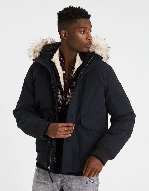 A bomber jacket made from water-resistant material to help you brave all kinds of weather.