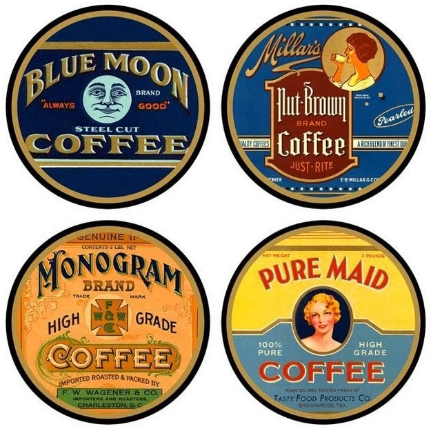 A set of vintage coffee label coasters to prevent unwanted water ringlets on the coffee table. (Get it? Because coffee?!)