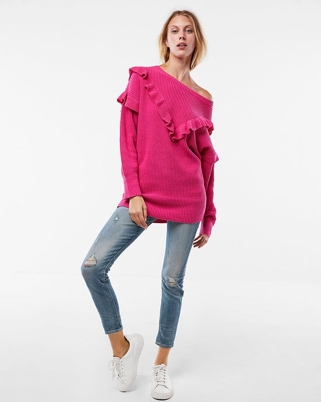 An oversized ruffle sweater for adding a bit of flair to an outfit of basic jeans and sneaks.