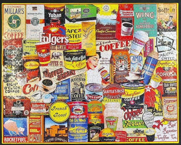 A 1,000 piece jigsaw puzzle adorned with the world's most unappreciated heroes: coffee brands.