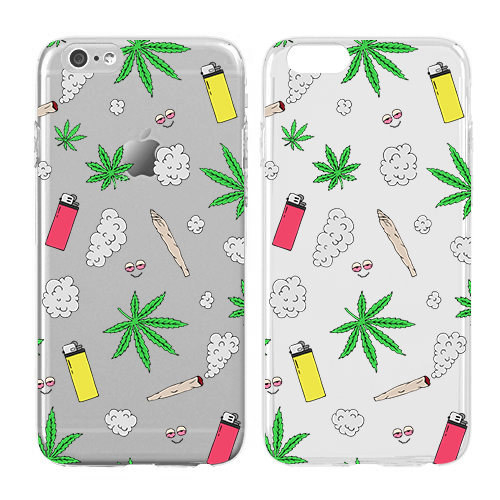 A phone case filled with pot leaves, lighters, red eyes, and puffs of smoke.