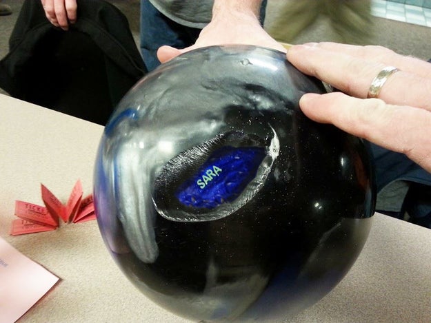 And this bowling ball seems to have been made from...an old bowling ball! Belonging to someone named Sara!