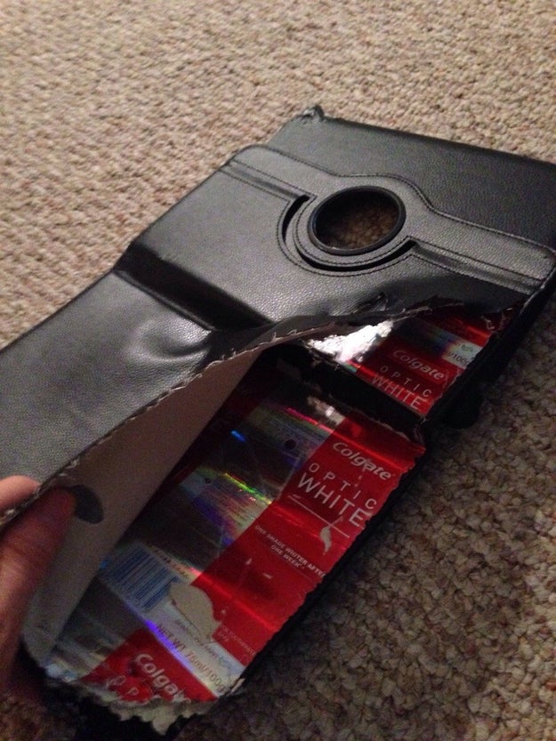 Some tablet and smartphone cases contain recycled cardboard underneath. This person claims they opened up their case to find some old toothpaste boxes: