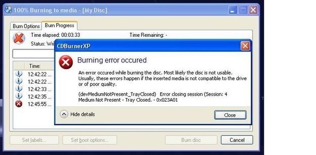 An early &#x27;00s PC error warning that a CD failed to burn.