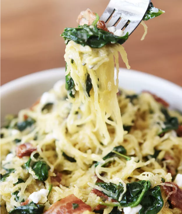 Spaghetti Squash With Bacon, Spinach, and Goat Cheese