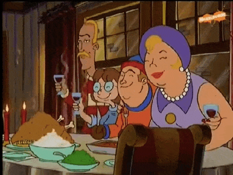 (L–R) Mr. Simmons's "friend" Peter, his real friend Joy, Uncle Buck, and his mother Pearl.