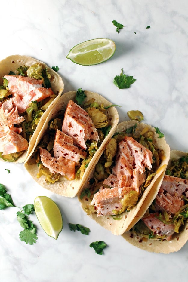 Salmon and Shredded Brussels Sprout Tacos