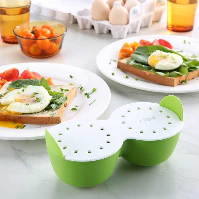 Spray a little cooking oil so they won't stick, crack your egg in one of the cavities, and microwave. That's it!Get it from Amazon for $10.98. Available in four colors.Promising review: "I like to eat poached eggs and thought this was great because I can make it myself and be able to do it in the microwave really fast. This is very convenient, and works pretty well. It’s made of silicone so it's easy to clean, and it's durable. It’s pretty versatile also, and can be used as mold for baking. This is something you don't think you need, but great when you do have it." —Dao