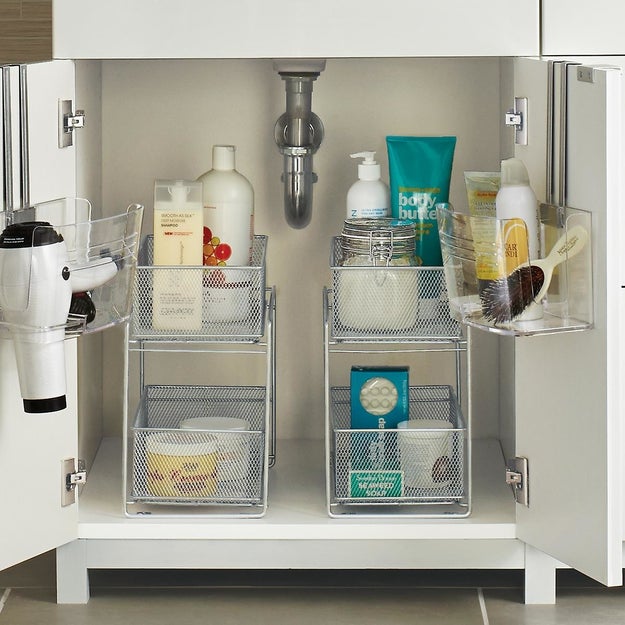 Make it easier to see and access all your bath products by installing two-tier mesh drawers in the sink cabinet.