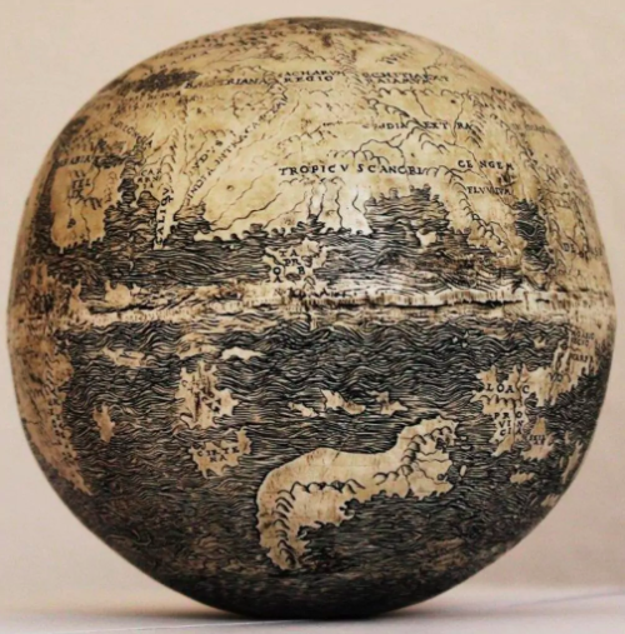 The oldest globe depicting the New World is actually an engraving on two joined halves of an ostrich egg.
