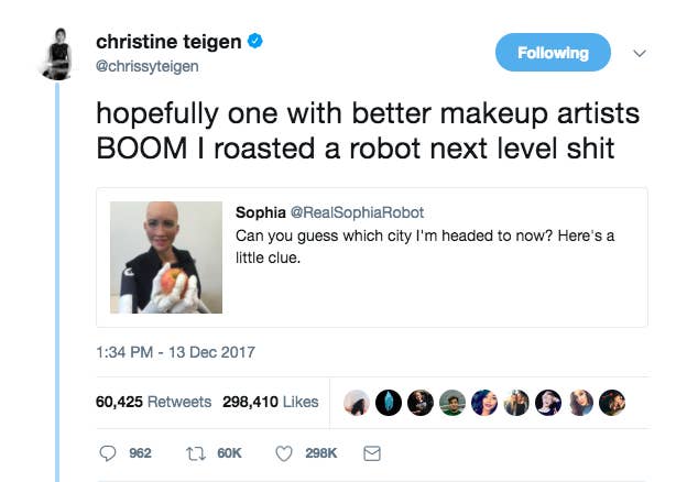 Chrissy Teigen Shaded Sophia The Robot S Makeup And The Internet Lost Its Mind