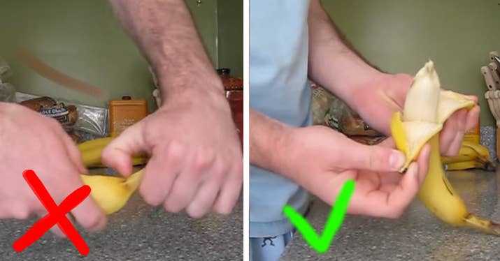 Cómo deberías hacerlo: prueba a pelarlo desde el otro extremo, en dos piezas. Es mucho más fácil y no daña la fruta de dentro.