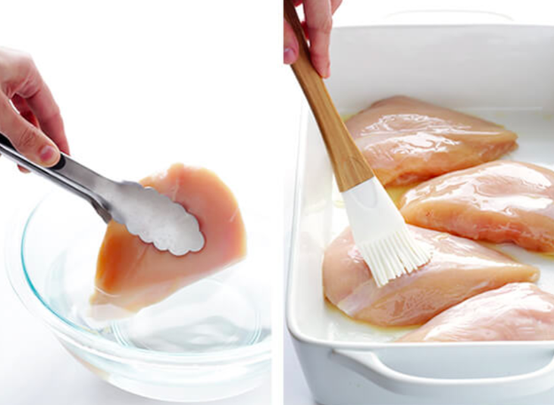 Soak your chicken in a simple saltwater solution (AKA a brine) before cooking to keep it moist and season it from the inside-out...