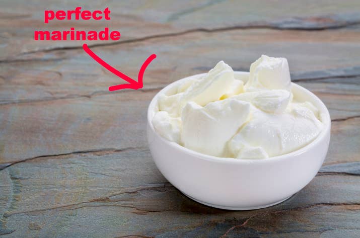Yogurt not only tastes great, but makes an amazing marinade thanks to lactic acid. It helps break down the protein, tenderizes it, and is the perfect blank canvas for adding whatever flavor you want to it. (There's actually a long scientific explanation as to why it's such a great marinade, and you can read that here.)