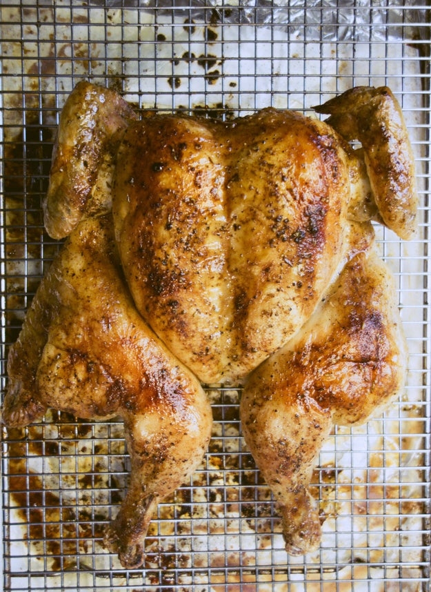 When roasting a whole chicken, remove the backbone and flatten it (AKA spatchcocking) to make it cook in a fraction of the time...