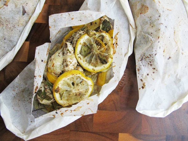 This old school technique not only saves you on clean up (no dishes!), but helps keep the chicken super moist. Fill the packet with whatever aromatics you have on hand, and feel free to make them in advance (just store the assembled packets in the fridge). Learn how to do it here.