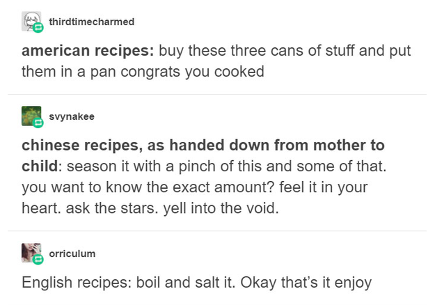 That post spawned an avalanche of replies from other Tumblr users, each calling out a specific cuisine for its unique characteristics.