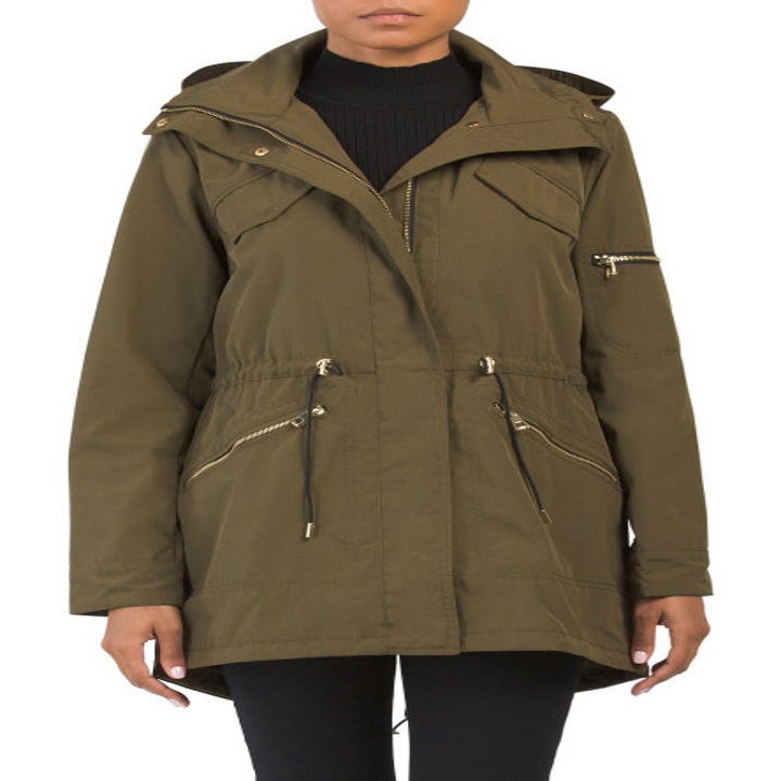 model wearing green cargo jacket