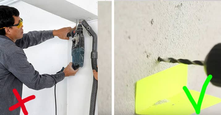 Cómo deberías hacerlo: pega un post-it doblado en la pared debajo del lugar donde estás taladrando. No tienes que liarte con una aspiradora, y el pegamento del post-it no suele dañar las paredes ni la pintura.