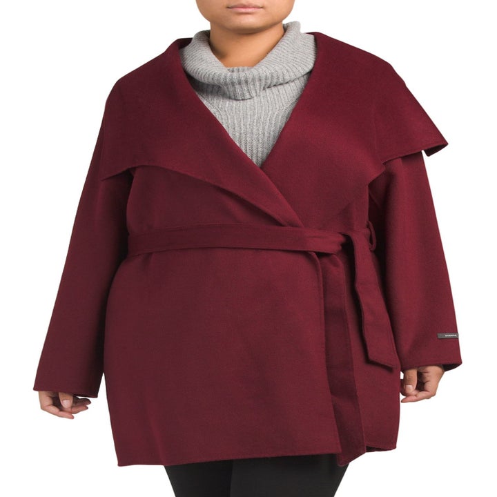 model wearing red jacket