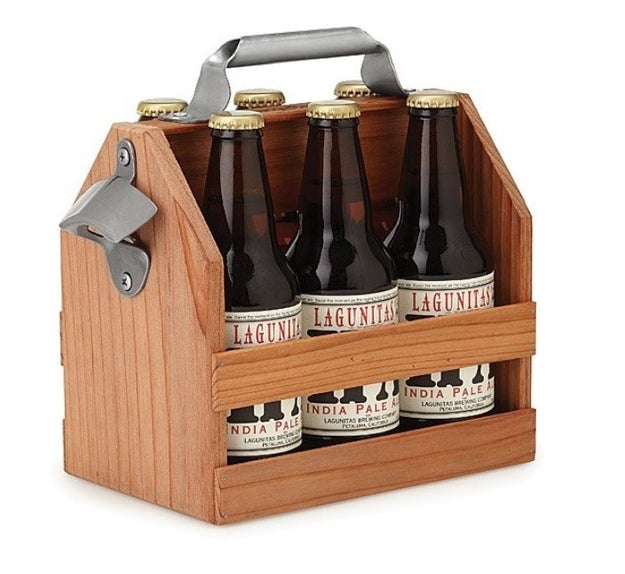 This wooden beer caddy with a built-in bottle opener.
