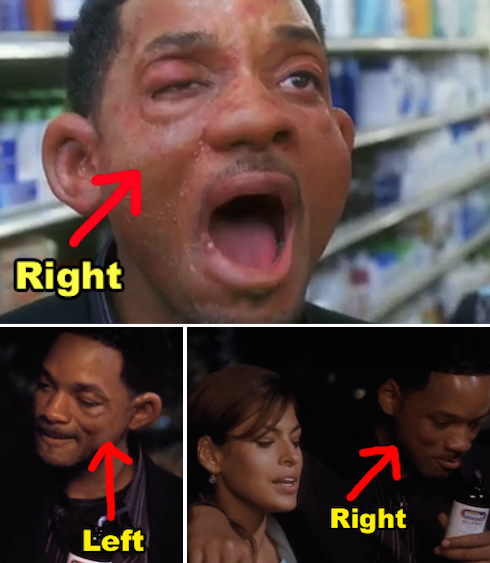 In Hitch, Will Smith's character has an allergic reaction, and only one side of his face swells up. Later on in the night, the swelling switches to the opposite side.