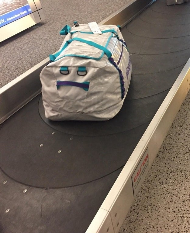 This bag is not happy to be on the baggage carousel.