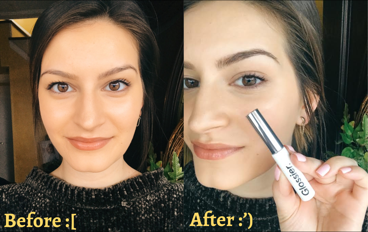 An editor&#x27;s before/after showing her eyebrows darkened and filled in after using Boy Brow
