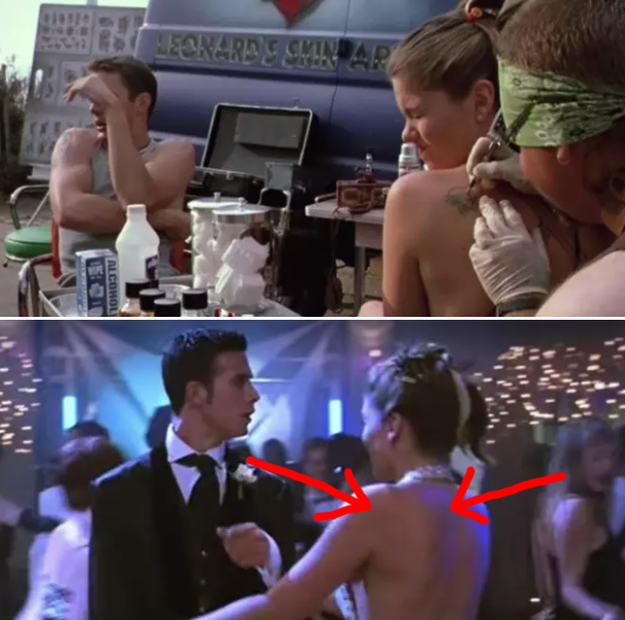 In She's All That, Taylor gets a heart tattoo on her left shoulder, but later on her tattoo mysteriously disappeared at prom.