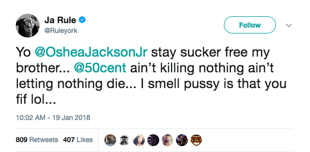 Next Ja Rule told actor O'Shea Jackson Jr. (Straight Outta Compton, Ingrid Goes West) to "stay sucker free, my brother."