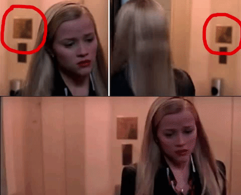 In Legally Blonde, Elle gets into the elevator, but Vivian chases after her to stop it. However, because of Vivian's reflection, you can see that she was waiting there the whole time for her cue.