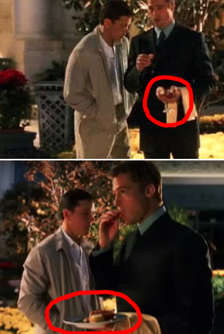 In Ocean's Eleven, Brad Pitt's shrimp cocktail container changes from a glass to a plate, and then back to a glass again.