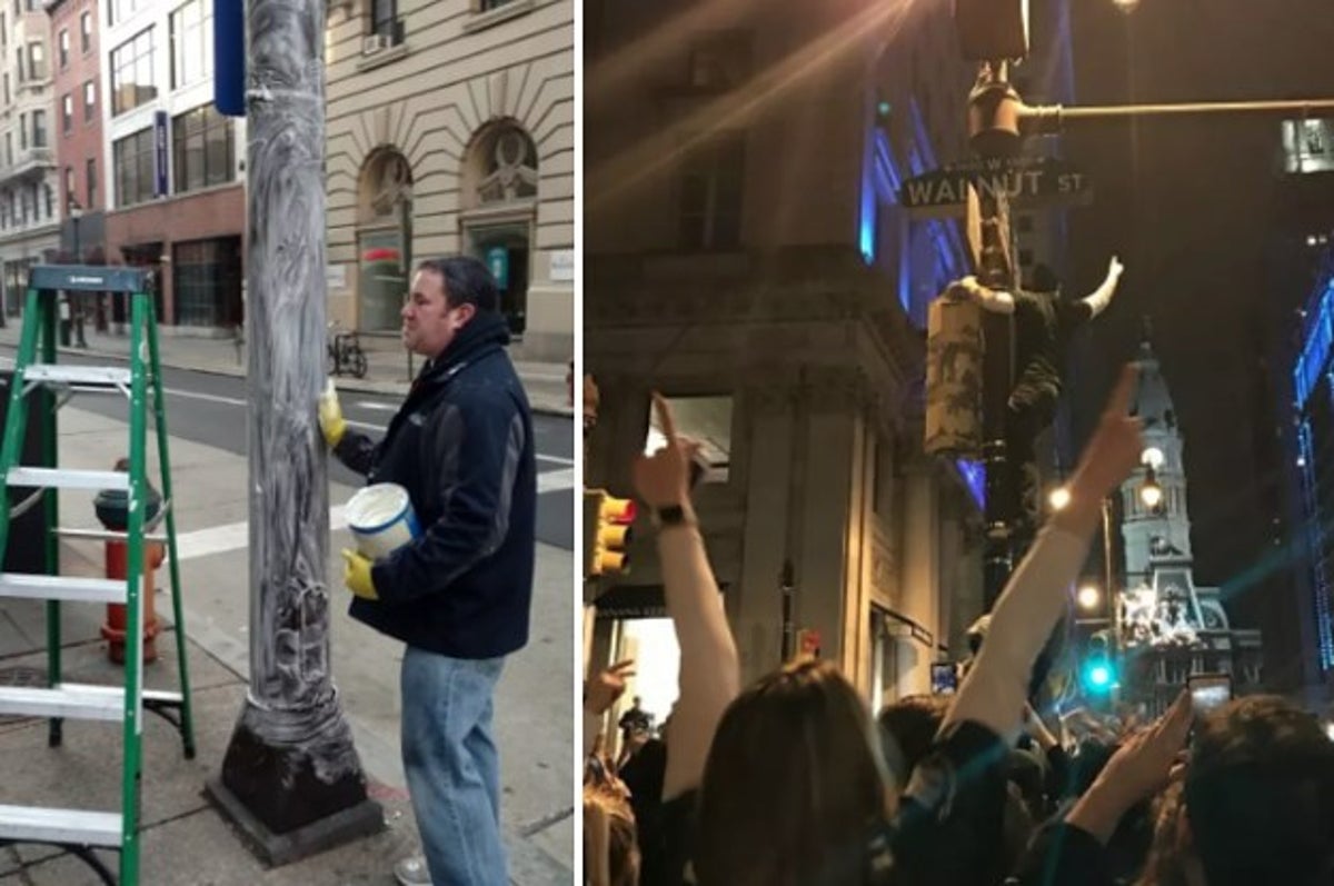 Philadelphia Eagles fans climb greased poles, celebrate Super Bowl bid