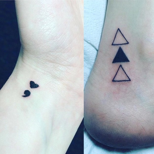 semi-colon with heart tattoo; three triangles tattoo