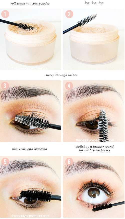 Layer powder between coats of mascara for extra thick lashes. Or just let the mascara dry between coats.