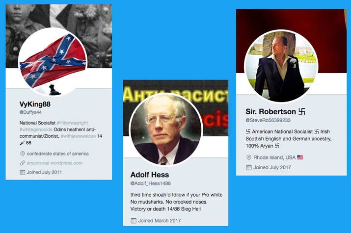 Accounts @Duffys44 and @SteveRo56399233 are withheld in Germany and France, and @Adolf_Hess1488 is withheld in Germany. They can be seen by Twitter users in all other countries.