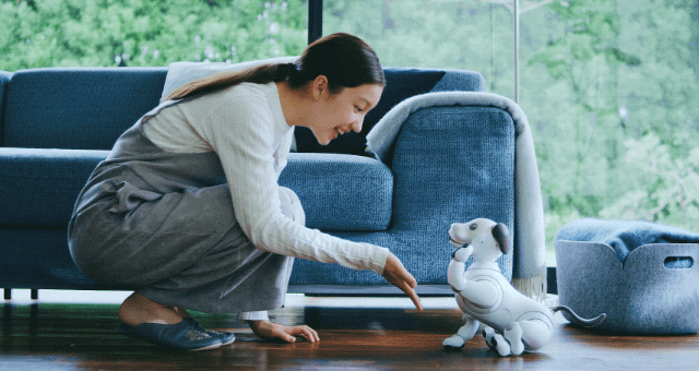 AIを搭載しているので、目に写った人の顔を認識し、表情を覚えていきます。対面する人が笑ってると「こういうのは好きなんだ！ またやろう」と認識し、怒られると「もうしないよ…」という風に学習していきます。「ほとんどのロボットは命令を遂行するものでしたが、aiboは個性があって、自我があります。環境によって変化していくので、各aiboは世界に一体だけです」（松井さん）