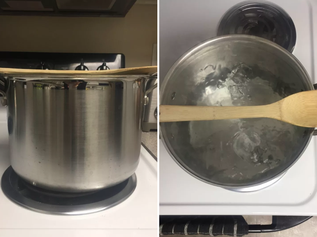 THE FAIL: Placing a wooden spoon over a pot of boiling water doesn't really prevent it from boiling over.